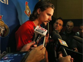 Erik Karlsson of the Ottawa Senators talks to the media during the first day of training camp in Ottawa, September 14, 2017.