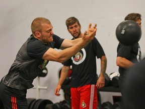 Mark Borowiecki of the Ottawa Senators goes through testing during the first day of training camp in Ottawa, September 14, 2017.