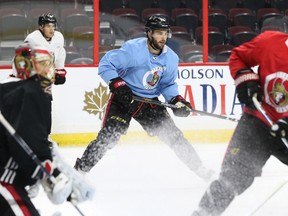 Derick Brassard (in blue) of the Ottawa Senators was practicing with the team during morning skate at Canadian Tire Centre in Ottawa, September 22, 2017.