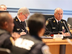 Police board chair Coun. Eli El-Chantiry, left, asked Chief Charles Bordeleau, right, at Monday’s police services board meeting whether the force has received any direction from the attorney general on what to do about the illegal pot shops that continue to exist in the city