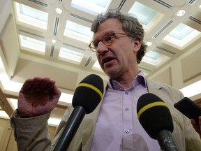 Benedikt Fischer of the Centre for Addiction and Mental Health speaks to reporters after appearing at an open Liberal Senate caucus panel discussion on the legalization of marijuana in February.