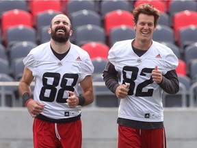 Ottawa Redblacks Brad Sinopoli and Greg Ellingson during practice at TD Place in Ottawa on Tuesday Sept 5, 2017.