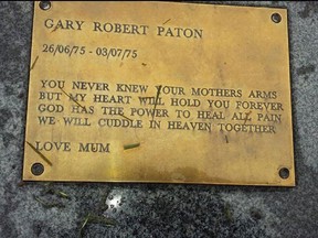 The plate on the bench at Gary Paton's grave in Edinburgh, Scotland.