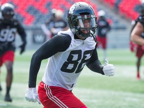 Juron Criner looks for the ball during Redblacks practice at TD Place stadium on Tuesday.  Wayne Cuddington/Postmedia