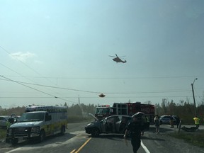 Ornge medevac helicopter at the scene of a dramatic crash near North Gower Friday.