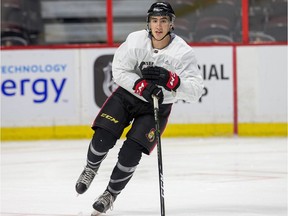 Alex Formenton, a second-round draft pick in 2017, skates during a camp practice at the Canadian Tire Centre on Thursday, Sept. 21, 2017. Formenton will be one of the young players hoping to make a big impression in the next two preseason games.