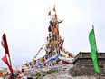 An arrangement of Tibetan prayer flags on a hill above Hezuo, capital of Gannan Tibetan Autonomous Prefecture, a region in China's Gansu province.