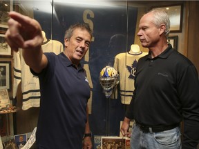 Ultimate Leafs Fan Mike Wilson(L) and Mark Howe at the home of the Ultimate Leafs Fan Mike Wilson on Thursday August 31, 2017.
