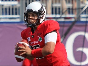 Ravens QB Michael Arruda passed for 441 yards on Saturday, but his team still fell three points short against Laurier. Steph Crosier/Postmedia