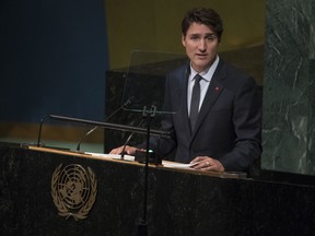 Prime Minister Justin Trudeau addresses the United Nations General Assembly on Thursday. Apparently, no one was offended.