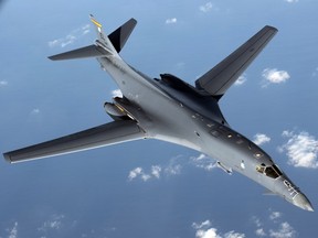 A U.S. Air Force B1-B Lancer pulls away from a KC-135 Stratotanker after refueling during a mission from Andersen Air Force Base, Guam, into Japanese air space on Aug. 31, 2017