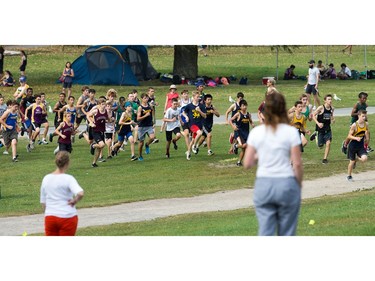 Midget Boy competitors head off form the start as the 2017 Gryphon Open Cross Country Meet takes place Wednesday at the Terry Fox Athletic Facility .