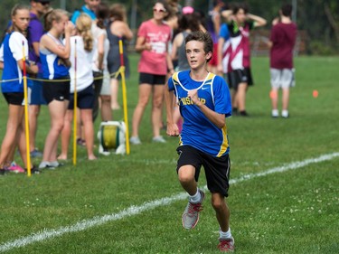 Midget Boy competitor Griffin Hagarty, 14, sprints to the finish as the 2017 Gryphon Open Cross Country Meet takes place Wednesday at the Terry Fox Athletic Facility near Mooney's Bay featuring competitors from area schools. The event is hosted by the Glebe Collegiate Gryphons.