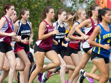 The junior girls jostle for position as they head towards the climb up the Mooney's Bay hill as the 2017 Gryphon Open Cross Country Meet takes place Wednesday at the Terry Fox Athletic Facility.
