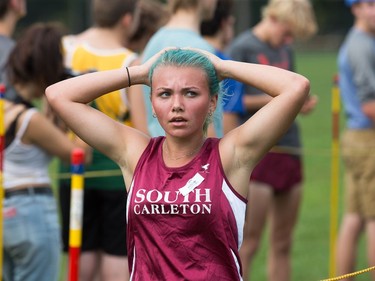 Julia Sanderson, a junior girl competitor from South Carleton High, arrives to finish in fifth place at the 2017 Gryphon Open Cross Country Meet.