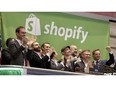 Shopify CEO Tobias Lütke is surrounded by senior officers of the company at its initial public offering at the New York Stock Exchange on May 21, 2015.