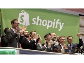 Shopify CEO Tobias Lütke is surrounded by senior officers of the company at its initial public offering at the New York Stock Exchange on May 21, 2015.