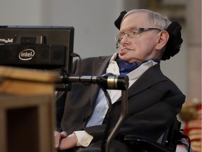 Files: Britain's Professor Stephen Hawking delivers a keynote speech as he receives the Honorary Freedom of the City of London during a ceremony at the Guildhall in the City of London, Monday, March 6, 2017. Hawking was presented the City of London Corporation's highest award Monday in recognition of his outstanding contribution to theoretical physics and cosmology.