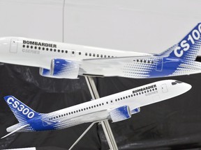 Models of Bombardier C-series airplanes are shown at a news conference in Montreal, Que., Tuesday, Feb. 7, 2017.