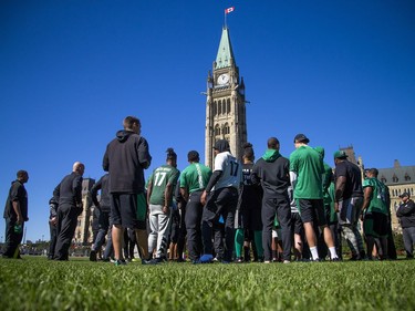 The Saskatchewan Roughriders held a practice on Parliament Hill Sunday October 1, 2017 in Ottawa, after playing the Redblacks Friday night.   Ashley Fraser/Postmedia