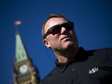 The Saskatchewan Roughriders held a practice on Parliament Hill Sunday October 1, 2017 in Ottawa, after playing the Redblacks Friday night. Head Coach Chris Jones speaks to media after the practice Sunday.   Ashley Fraser/Postmedia