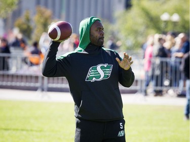 The Saskatchewan Roughriders held a practice on Parliament Hill Sunday October 1, 2017 in Ottawa, after playing the Redblacks Friday night. Quarterback Kevin Glenn tosses the ball during the practice.   Ashley Fraser/Postmedia