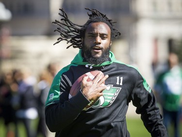 The Saskatchewan Roughriders held a practice on Parliament Hill Sunday October 1, 2017 in Ottawa, after playing the Redblacks Friday night. Defensive back Ed Gainey makes a catch during the practice.   Ashley Fraser/Postmedia