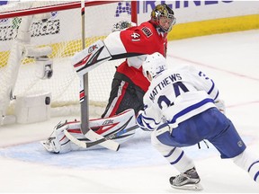 Auston Matthews scores his fourth goal of the night on Craig Anderson in the 2016-17 season opener between the Maple Leafs and the Senators at Canadian Tire Centre. Wayne Cuddington/ Postmedia