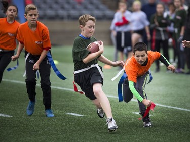 12-year-old Kent Moors gets his flag captured during a round robin game at TD Place Sunday October 15, 2017.