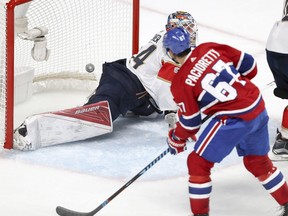 Canadiens captain Max Pacioretty bangs home a rebound past Panthers goalie James Reimer Tuesday night at the Bell Centre.
