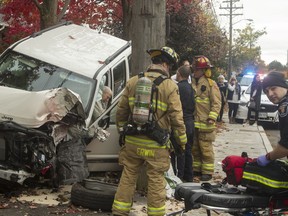 A minor cut to his right hand appeared to be the only injury suffered by the driver of this Jeep, which collided with a hydro pole in Iris Street on Friday.