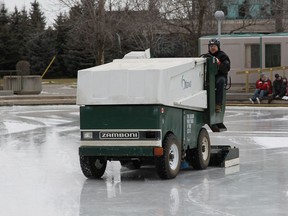 The outdoor rink at Centrepoint, in January 2011, is groomed by a City of Ottawa Zamboni. The city continues to add to its fuel-burning Zamboni fleet, writes Tyler Dawson. Pat McGrath, Ottawa Citizen