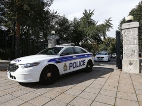 Ottawa Police and RCMP leaving 24 Sussex Drive in Ottawa Ontario Tuesday Oct. 17, 2017. A body was pulled from the Ottawa River near the back of the prime minister’s official residence on Tuesday morning.   Tony Caldwell