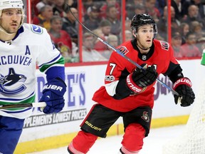 Senators centre Kyle Turris races out from behind the Vancouver Canucks' net during a game at Canadian Tire Centre on Oct. 17. Julie Oliver/Postmedia