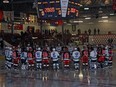 The Pembroke Lumber Kings and the Hawkesbury Hawks come together in a unity circle prior to the start of Sunday afternoon's game in memory of Alex Paquette, who died Saturday of injuries suffered in a car crash early Friday. A player with the Renfrew Timberwolves, he was a Lumber King draft pick. His teammate Brandon Hanniman also died in the crash.