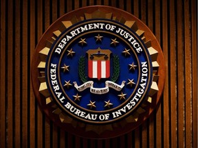 A crest of the Federal Bureau of Investigation (FBI) inside the J. Edgar Hoover FBI Building in Washington, DC.