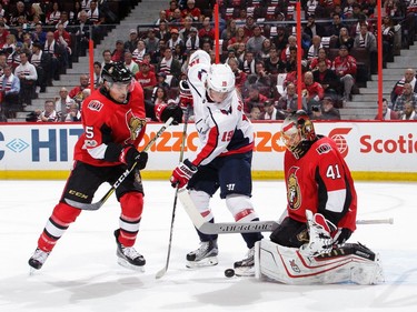 Washington Capitals v Ottawa Senators

OTTAWA, ON - OCTOBER 5: Craig Anderson #41 of the Ottawa Senators makes a save against Nicklas Backstrom #19 of the Washington Capitals as Cody Ceci #5 of the Ottawa Senators ,oohs on in the first period at Canadian Tire Centre on October 5, 2017 in Ottawa, Ontario, Canada.  (Photo by Jana Chytilova/Freestyle Photography/Getty Images)
Jana Chytilova/Freestyle Photo, Getty Images