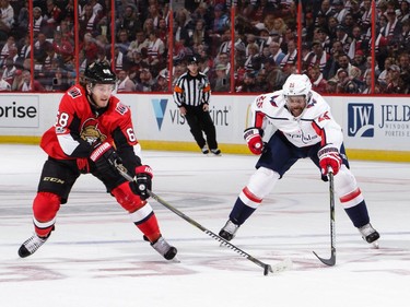 Washington Capitals v Ottawa Senators

OTTAWA, ON - OCTOBER 5: Mike Hoffman #68 of the Ottawa Senators skates with the puck against Devante Smith-Pelly #25 of the Washington Capitals in the first period at Canadian Tire Centre on October 5, 2017 in Ottawa, Ontario, Canada.  (Photo by Jana Chytilova/Freestyle Photography/Getty Images)
Jana Chytilova/Freestyle Photo, Getty Images