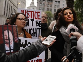 Sonia Ossorio, president of the National Organization for Women, leads a rally in New York City on Oct. 13 to protest against the decision by Manhattan district attorney Cyrus R. Vance Jr. not to pursue sexual abuse charges against movie producer Harvey Weinstein in 2015.