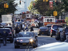Emergency personal respond after reports of multiple people hit by a truck after it plowed through a bike path in lower Manhattan on October 31, 2017 in New York City. According to reports up to six people may have been killed.