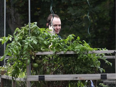 Joshua Boyle speaks on a phone in the garden at his parents' house in Smiths Falls on Saturday, Oct. 14, 2017.