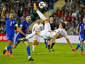 Spain's forward Iago Aspas controls the ball during the Russia 2018 FIFA World Cup European Group G qualifying football match between Israel and Spain at Teddy Stadium in Jerusalem on October 9, 2017. Spain is already qualified for the 2018 World Cup in Russia.  / AFP PHOTO / Jack GUEZ AND JACK GUEZJACK GUEZ/AFP/Getty Images
JACK GUEZ, AFP/Getty Images