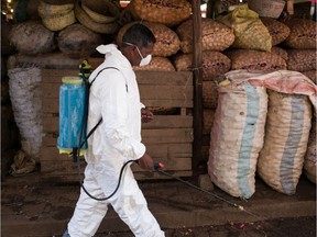 A council worker sprays disinfectant.