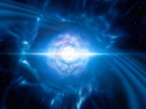 This handout image obtained from the European Southern Observatory on October 16, 2017 is an artists impression showing two tiny but very dense neutron stars at the point at which they merge and explode as a kilonova.   Scientists have for the first time witnessed the smashup of two ultra-dense neutron stars, cataclysmic events now known to have generated at least half the gold in the Universe, excited research teams announced on October 16, 2017.Shockwaves and light flashes emitted by the cosmic fireball travelled some 130 million light-years to be captured by earthly detectors on August 17, they revealed at simultaneous press conferences around the globe as a dozen science papers were published in top academic journals. / AFP PHOTO / European Southern Observatory / HO / RESTRICTED TO EDITORIAL USE - MANDATORY CREDIT "AFP PHOTO / European Southern Observatory" - NO MARKETING NO ADVERTISING CAMPAIGNS - DISTRIBUTED AS A SERVICE TO CLIENTS  HO/AFP/Getty Images

RESTRICTED TO EDITORIAL USE - MANDATORY CREDIT "AFP PHOTO / European Southern Observatory" - NO MARKETING NO ADVERTISING CAMPAIGNS - DISTRIBUTED AS A SERVICE TO CLIENTS
HO, AFP/Getty Images