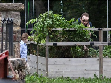 Freed Canadian hostage Joshua Boyle talks on the phone as his son, Jonah, plays.