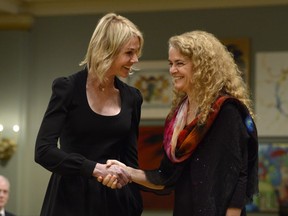 Ambassador of the United States Kelly Craft, left, shakes hands with Governor General of Canada Julie Payette in Ottawa on Monday Oct. 23, 2017. Craft is among several new diplomats who are formally submitting their credentials to Payette at Rideau Hall. THE CANADIAN PRESS/Adrian Wyld
