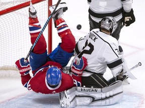 Brendan Gallagher, Jonathan Quick

Montreal Canadiens right wing Brendan Gallagher (11) falls over Los Angeles Kings goalie Jonathan Quick (32) during third-period NHL hockey game action Thursday, Oct. 26, 2017, in Montreal. (Ryan Remiorz/The Canadian Press via AP) ORG XMIT: RYR108
Ryan Remiorz, AP