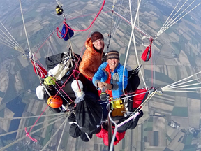 The Swiss team of Nicolas Tieche, left, and Laurent Sciboz won the annual America’s Challenge gas balloon race, shattering previous distance records for the annual competition.