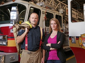 Researchers at the University of Ottawa, including Jennifer Keir (R) didn't have to work hard to convince Ottawa firefighters to take part in a study looking at the toxic chemicals they are exposed to: firefighters know all too well the price they pay for that exposure. Captain Dave Matschke (L) is one of them. (Photo provided by University of Ottawa)