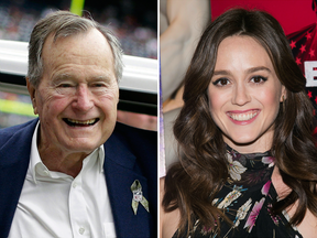 Former U.S. president George H.W. Bush and actress Heather Lind. Lind accused Bush of touching her from behind while they were posing for a photo in 2014.